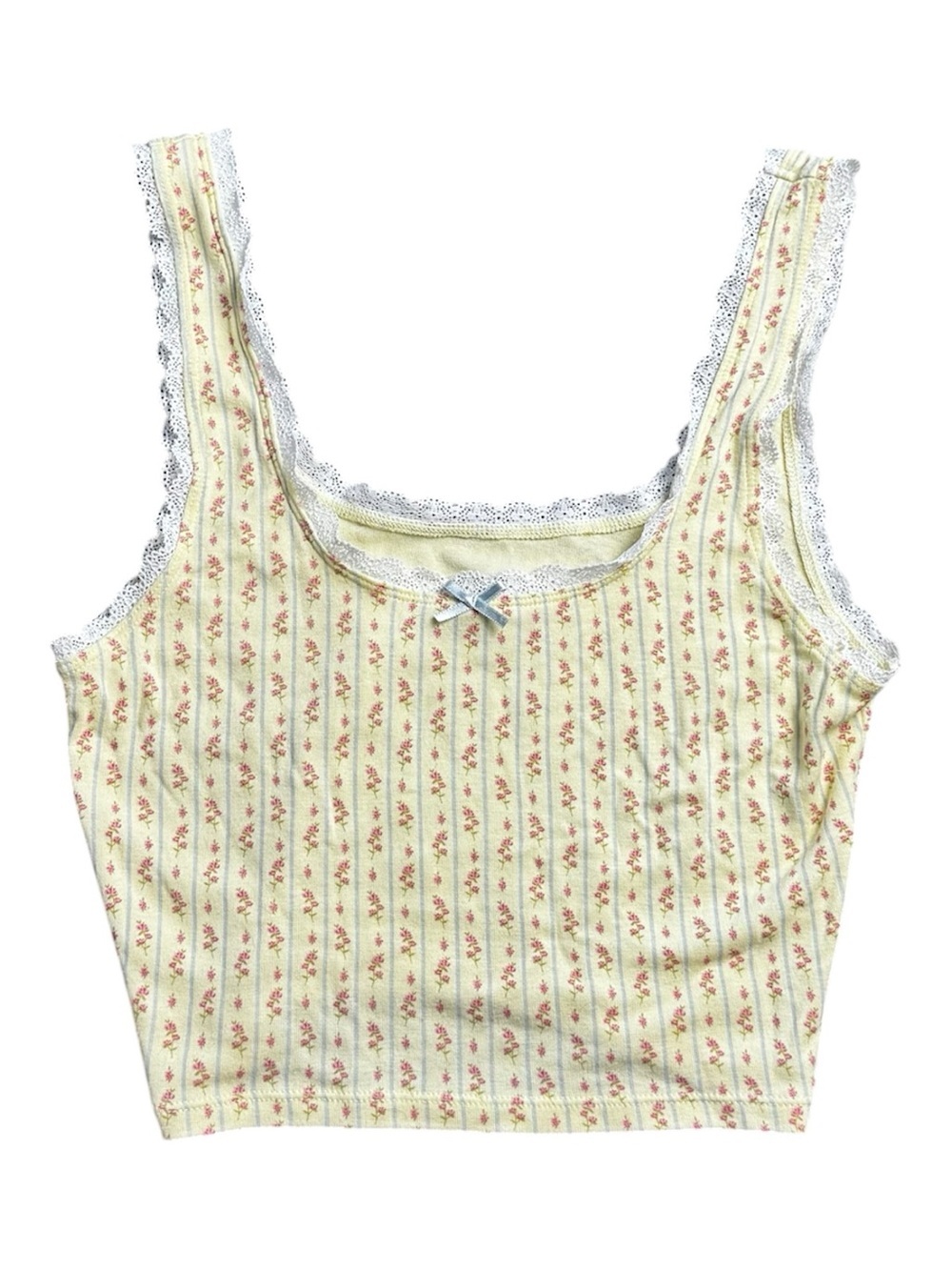 Floral Striped Yellow Lace-Trim Crop Tank